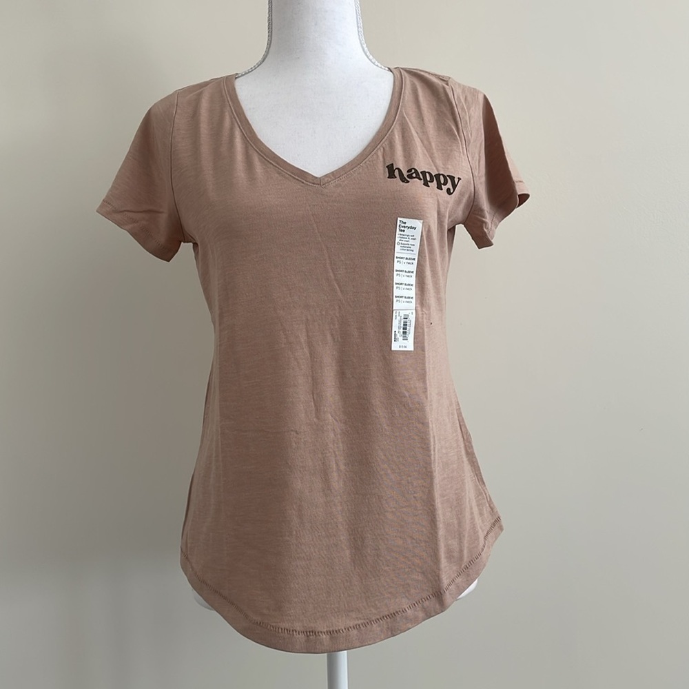 Sonoma Tan V Neck Top "Happy". NWT. Petite Small